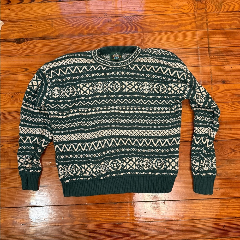 Jantzen Green and White Patterned Crewneck Sweater